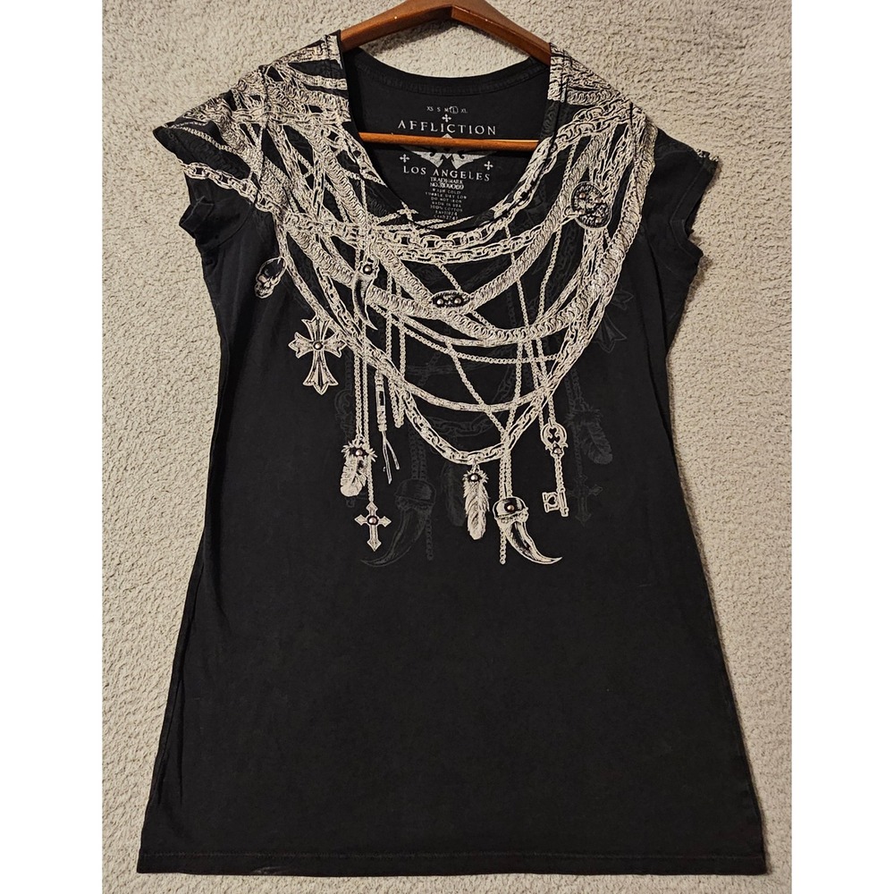 Affliction Los Angeles Womens Large Black Chain Graphic V-Neck‎ T-Shirt Studded